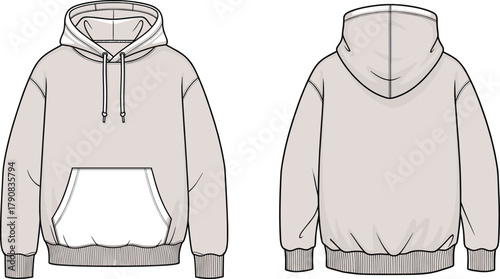 Hoodie front and back flat sketch, light color pullover with kangaroo pocket drawstring hood ribbed cuffs hem, apparel technical drawing cad vector