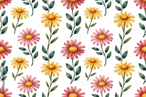 Seamless watercolor floral pattern with pink and yellow daisies