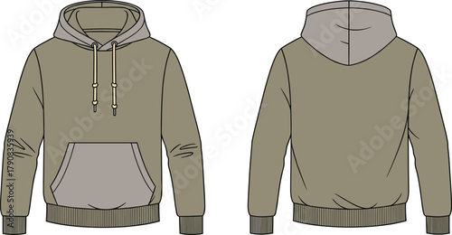 Hoodie front and back flat sketch, olive green pullover with drawstring hood kangaroo pocket ribbed cuffs hem, apparel technical drawing cad vector