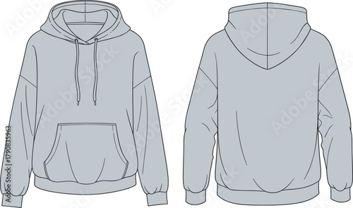 Hoodie flat sketch, front and back view, drawstring hood, kangaroo pocket, ribbed cuffs, ribbed hem, apparel design, clothing mockup, cad drawing flat vector