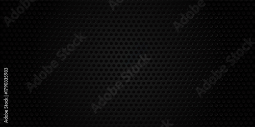 Black perforated metal plate. Metal grill. Black metal texture steel background. Perforated sheet metal.Abstract dark gray circle mesh pattern background texture.Black metallic background.