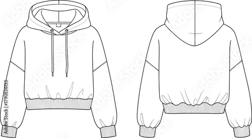 Hooded sweatshirt technical drawing, fashion CAD sketch, front back view, garment flat vector, apparel design template, cad drawing flat vector