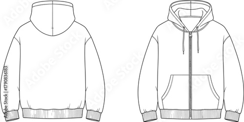 Front and back view technical sketch of hooded sweatshirt, zip-up hoodie fashion CAD drawing, flat vector apparel design template