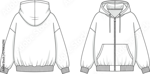 Hoodie flat sketch front and back, zip up sweatshirt illustration, kangaroo pocket design, fashion garment technical drawing, apparel clothing vector