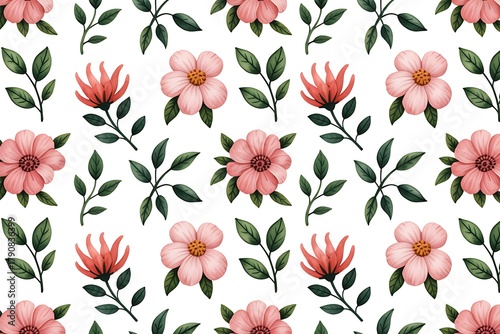 Seamless pattern of pink and coral flowers and leaves