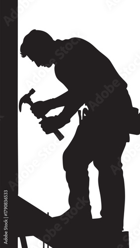 Skilled craftsman silhouette with hammer, focused on building