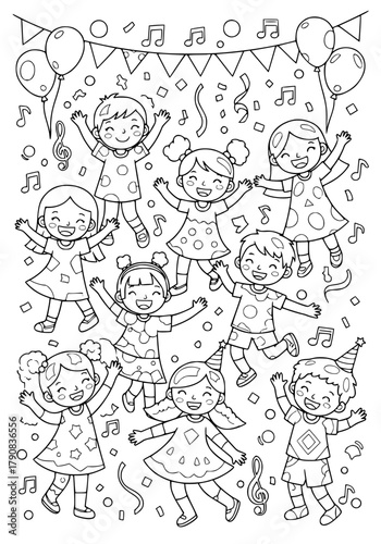 kids having fun at a party. coloring book