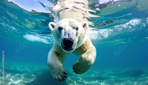 Polar bear swims directly at camera, crystal clear water, sandy bottom, blue sky above