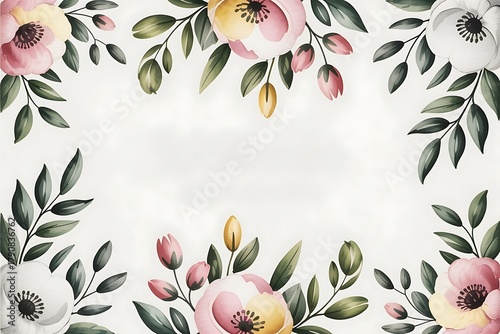 Watercolor floral frame with pink and yellow flowers