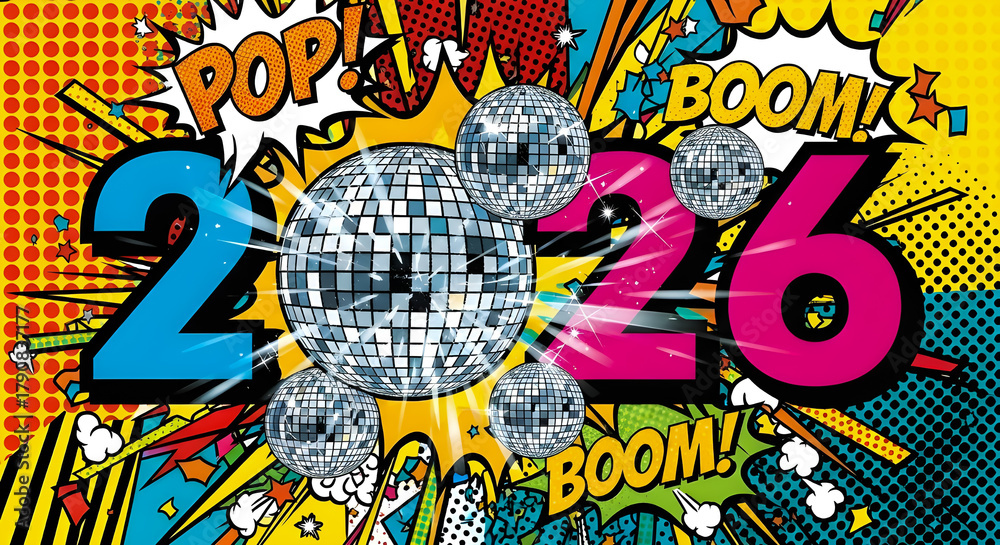 Obraz premium Explosive pop art comic illustration for 2026 New Year featuring multiple shiny disco balls, bold typography, and a dynamic background with 'POP!' and 'BOOM!' speech bubbles.