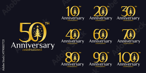 Set of a 10 to 100th Anniversary logotype design with Christmas tree vector illustration. Symbol icon for celebration moment Christmas and new years, wedding, greeting card, and invitation.