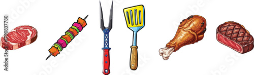 BBQ Grilling Clipart Bundle: Steak, Kebab, Drumstick, Spatula, and Meat Fork Vector Illustrations