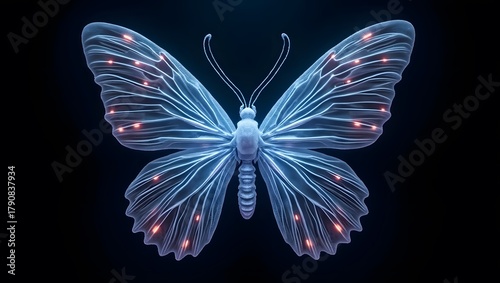 Elegant luminous butterfly with intricate details glows ethereally against a dark backdrop.