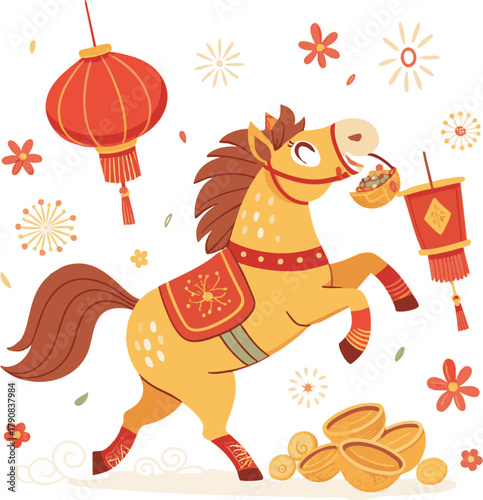Cartoon vector background for the 2026 Chinese New Year of the Horse, featuring a Zodiac horse holding a sycee ingot on white background




