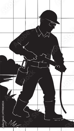 Pest control or cleaning service worker silhouette with tool