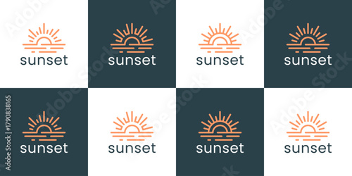 Set of a sunset logo design template illustration. Sun concept vector design with minimalist line style icon graphic symbol