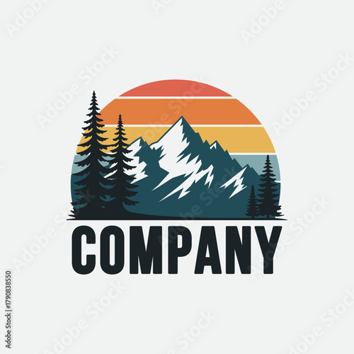 Outdoor adventures. Mountains touristic logo or emblem design vintage illustration.