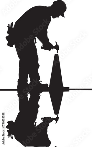 Silhouette of worker hammering traffic cone, industrial concept