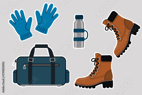 A set of winter travel accessories in vector style. Brown hiking boots, a blue travel bag, a metal thermos with a handle, and a pair of blue gloves.