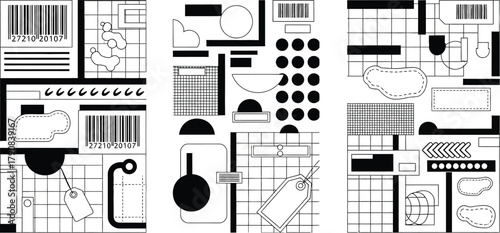 Three panels of abstract black and white geometric shapes and patterns on a white background