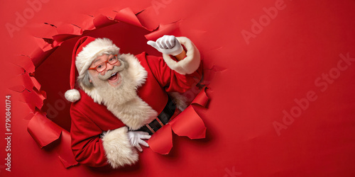 Santa Claus joyfully emerging through torn red background, spreading holiday cheer and excitement