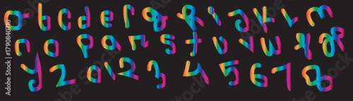 Colorful letters and numbers in rainbow gradient appear against a striking dark black background clearly