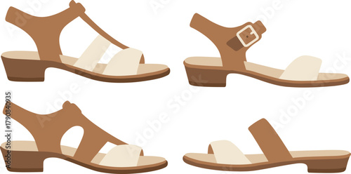 Women’s sandals, brown beige straps, low heel footwear, stylish shoes, summer fashion, casual accessory, footwear design, trendy style, retail product, fashion illustration