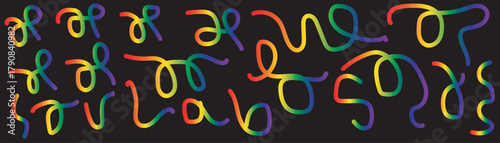 Rainbow lines dance across a stark black background, creating abstract shapes and patterns