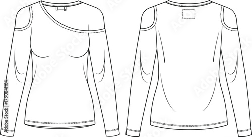 Asymmetrical neckline top sketch, one shoulder cut-out, fitted silhouette, fashion CAD drawing, garment construction, flat vector, technical illustration