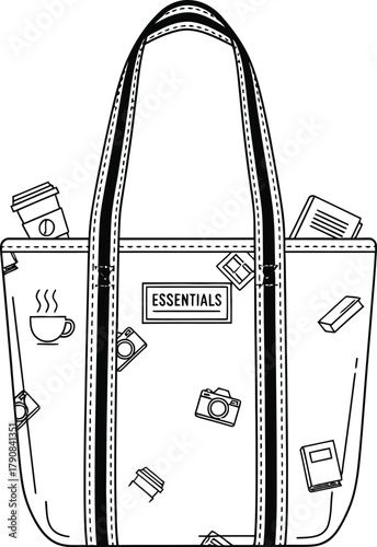 Outlined tote bag with essential icons including coffee cups and cameras illustration style