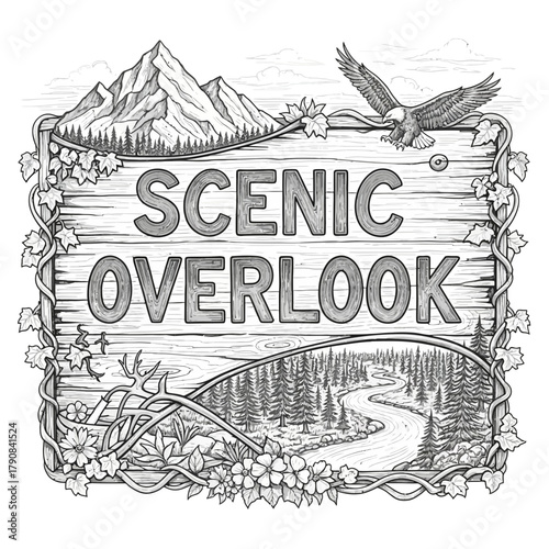 Engraved Scenic Overlook Sign with Eagle and Landscape Details Illustration