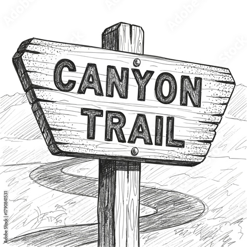 Hand Drawn Canyon Trail Sign with Winding Path in Monochrome Landscape