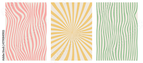 Abstract groovy retro background set. Vintage waves, stripes, swirl, twirl pattern. Twisted and distorted vector texture. Illustration in trendy retro psychedelic style for for wallpapers, posters.
