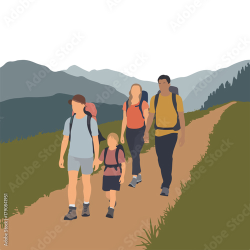 Family of four hiking together in the mountains on a sunny day