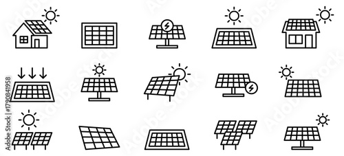 ソーラーパネルの編集可能なアイコン。太陽エネルギー、太陽光パネル、太陽電池、エコ