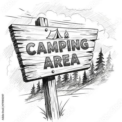 Illustrated camping area sign amidst a forest backdrop in monochrome