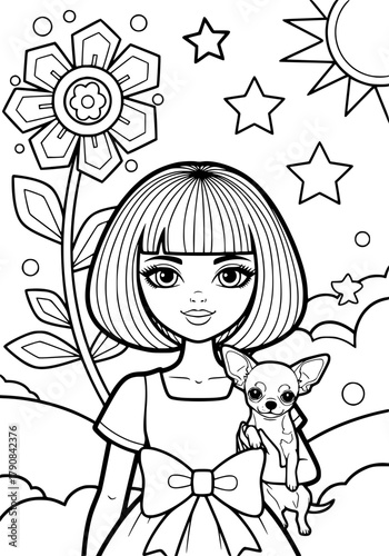 portrait of a glamorous girl with a chihuahua dog in her arms. coloring book