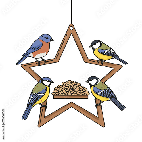Illustration of star-shaped bird feeder with birds for Christmas bird feeding traditions on white background copy space