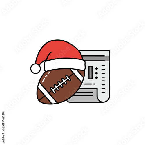 Illustration of football wearing Santa hat alongside sports betting slip for Christmas events on white background copy space