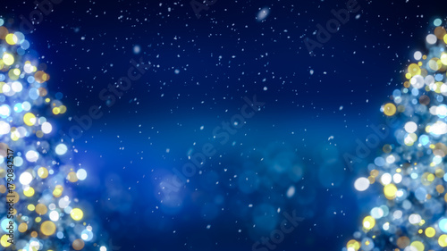 Blurred Christmas tree with glowing colorful bokeh light bulbs and ornaments background, blue holiday greeting card , festive New Year winter snow fall backdrop illustration