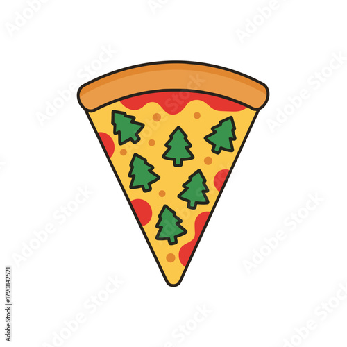 Illustration of pizza slice decorated with Christmas trees for unconventional holiday meals on white background copy space