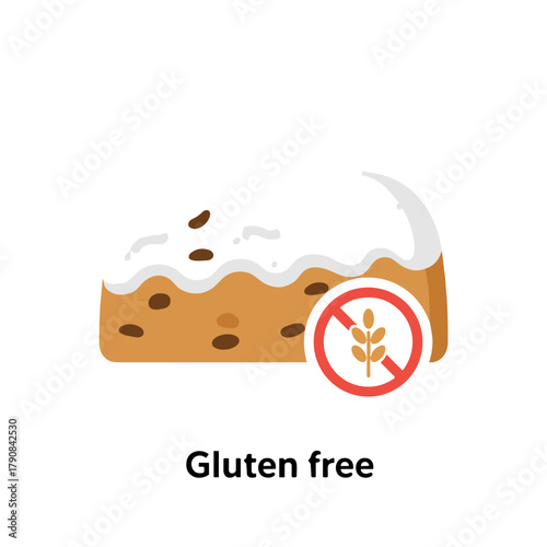 Illustration of gluten-free Christmas cake with dietary label on white background copy space