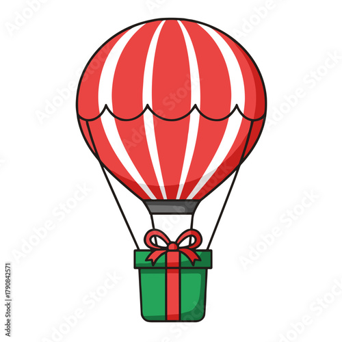 Illustration of hot air balloon carrying Christmas gift for adventure-themed holiday presents on white background copy space