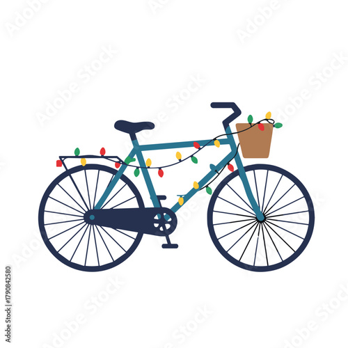 Illustration of bicycle decorated with lights for cyclist Christmas safety on white background copy space