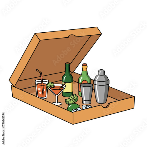 Illustration of takeout box filled with cocktails and drink accessories for Home Alone themed parties on white background copy space