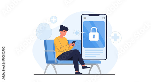 Illustration showcasing data protection and security with a woman using smartphone safely