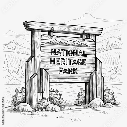 Serene linear illustration of a heritage park wooden sign in nature