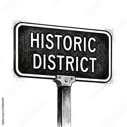 Sketch style illustration of historic district sign on white background
