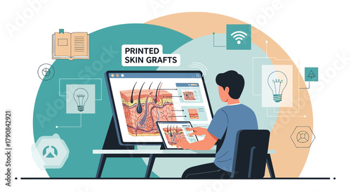 Illustration showcasing printed skin grafts technology on a modern digital interface
