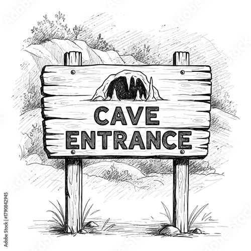 Sketchy Cave Entrance Sign Illustration with Detailed Landscape Elements